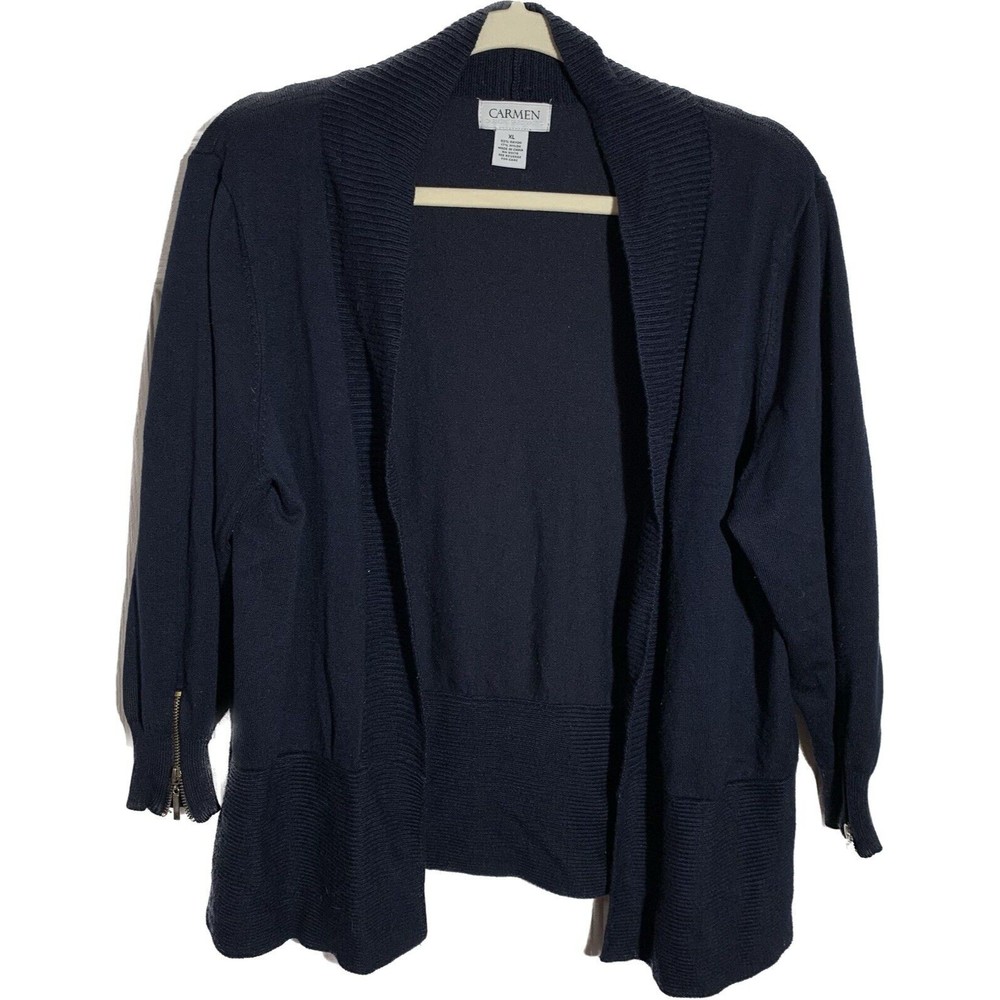 CARMEN Marc Valvo Women's Size XL Navy Blue Open Cardigan Zip Cuff Detail